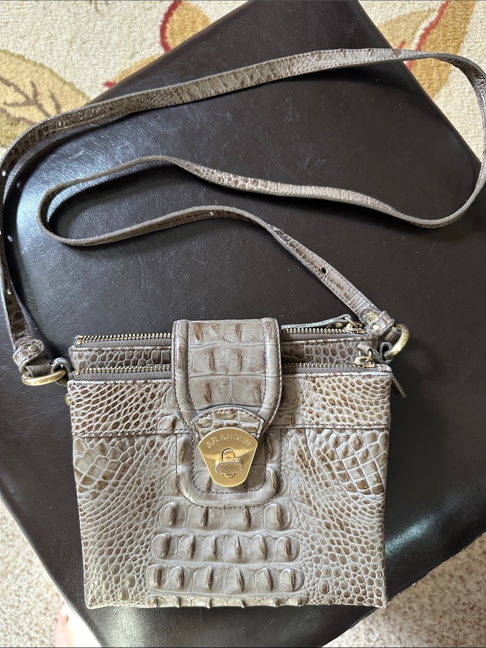 Brahmin Croc-Embossed Leather Crossbody Bag with Gold Hardware